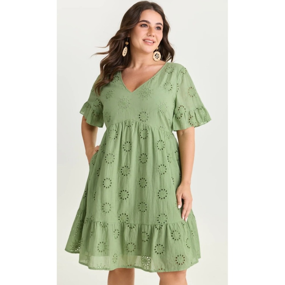 Bloomchic Eyelet Embroidered Ruffled Sleeve Mini Dress Green Plus Size 1X 14-16